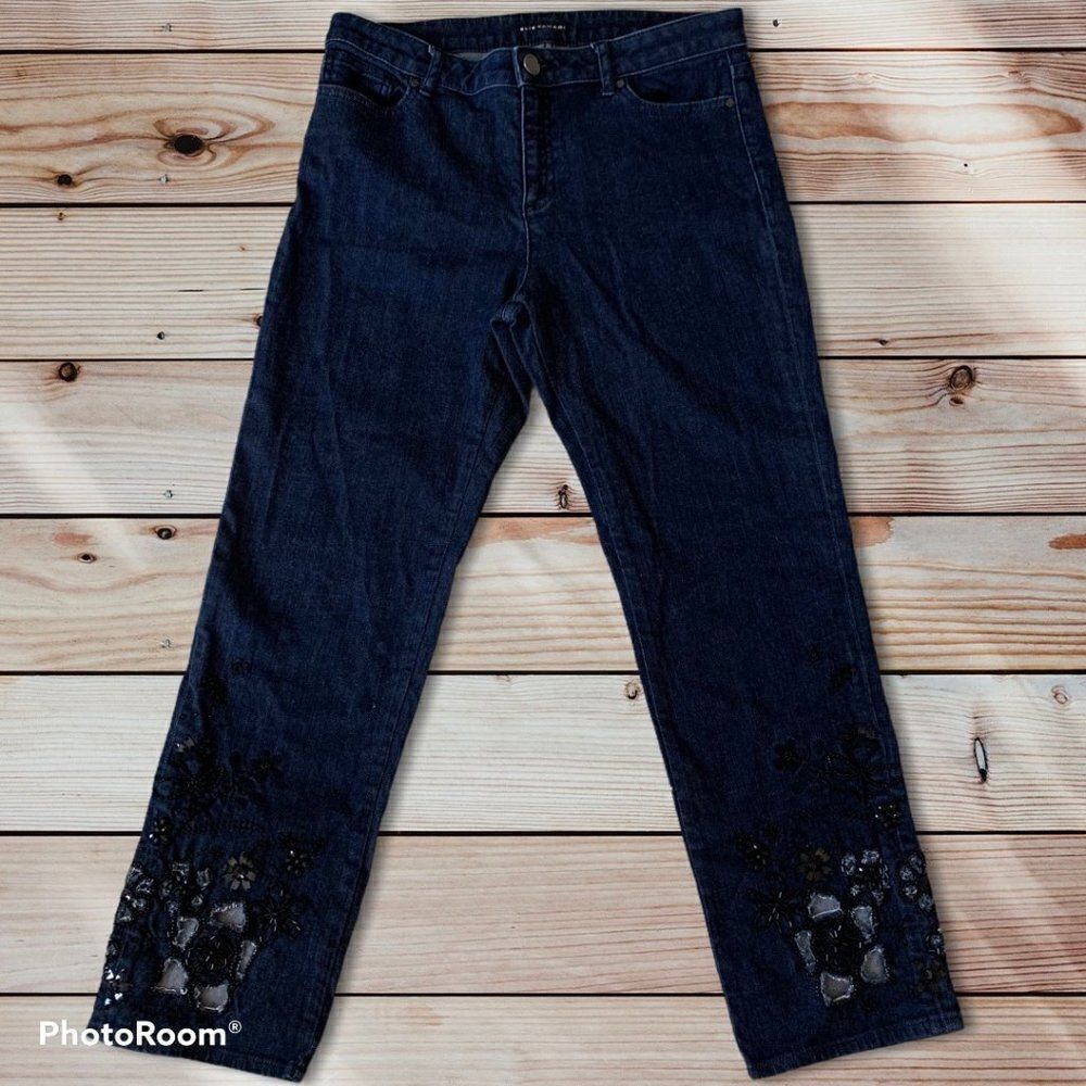 Elie Tahari Straight Leg Embroidered Denim Jeans